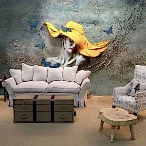 3D Sarı Şapkalı Kadın Ve Kelebekler Kabartma Görünümlü Duvar Kağıtları