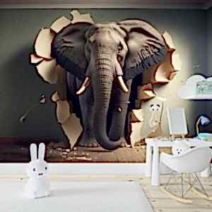 3D Duvarı Yıkan Fil Çocuk Odası Duvar Kağıdı YCO-00238