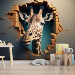 3D Duvarı Yıkan Bir Zürafa Çocuk Odası Duvar Kağıdı YCO-00240