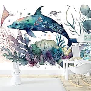 Balina ve Balıklar Suluboya Çocuk Odası Duvar Kağıdı YCO-00249