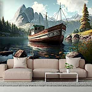 Balıkçı Kayığı, Dağlar ve Göl Manzara Duvar Kağıdı YD-00406