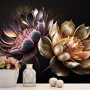 3D Altın Hint Lotusu Duvar Kağıtları YF-00015