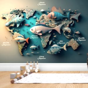 Balıklar ve Dünya Okyanusları Haritası Duvar Kağıdı YHA-00437