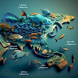 Balıklı Dünya Okyanusları Haritası Duvar Kağıdı YHA-00438