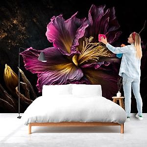 3D Altın Parıltılı Mor Çiçek Duvar Kağıtları YF-02006