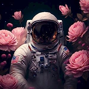 3D Astronot ve Pembe Çiçekler Uzay Manzaralı Duvar Kağıdı YU-02171