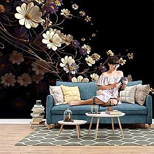 3D Beyaz Papatyalar Modern Koyu Duvar Kağıtları YF-02179