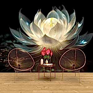 3D Beyaz Lotus Çiçeği Tek Parça Koyu Duvar Kağıdı YF-02211