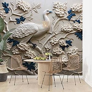 3D Kuş ve Çiçekler Duvar Kağıdı Tek Parça YF-02481