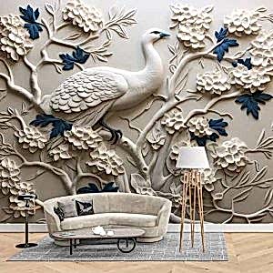 3D Kuş ve Çiçekler Duvar Kağıdı Tek Parça YF-02481
