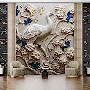 3D Kuş ve Çiçekler Duvar Kağıdı Tek Parça YF-02481