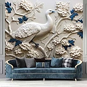 3D Kuş ve Çiçekler Duvar Kağıdı Tek Parça YF-02481