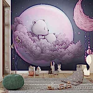 Ayda Uyuyan Ayıcık Çocuk Odası Pembe Duvar Kağıdı YCO-02490