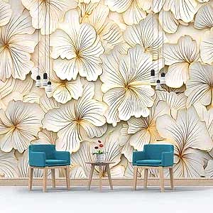 3D Beyaz ve Gold Çiçekler Duvar Kağıdı Tek Parça YD-02451