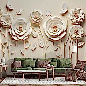 3D Bej Çiçekler Duvar Kağıdı Tek Parça YF-02470