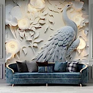 3D Tavus Kuşu ve Çiçekler Poster Duvar Kağıdı YF-02479