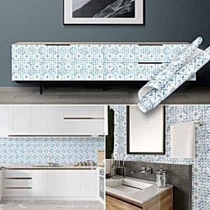 Açık Mavi Mozaik Çini Desenli Yapışkanlı Folyo 45 cm ve 90 cm Rulo Çeşitleri Dekoros'ta! Suya Dayanıklı, Mutfak Tezgah Arası Kaplama Folyosu için Tıkla!