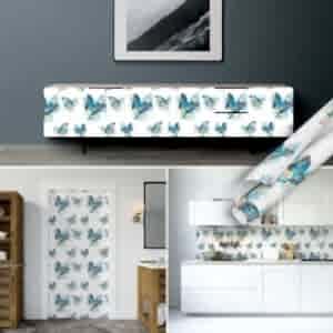 Mavi Kelebek Desen Yapışkanlı Folyo, PVC Rulo Modelleri ve Uygun Fiyatları ile dukkanstorecenterhub.shop'da. Suya Dayanıklı Duvar Mobilya Kaplama Folyosu Şimdi Satın Al.